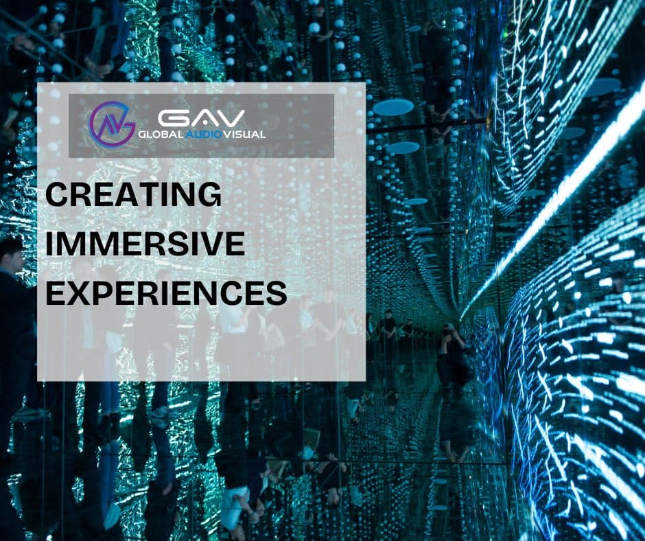 Corporate event with high-tech AV setup, including LED screens, wireless microphones, digital signage, and professional audio systems, showcasing how to leverage AV technology for immersive audience experiences.