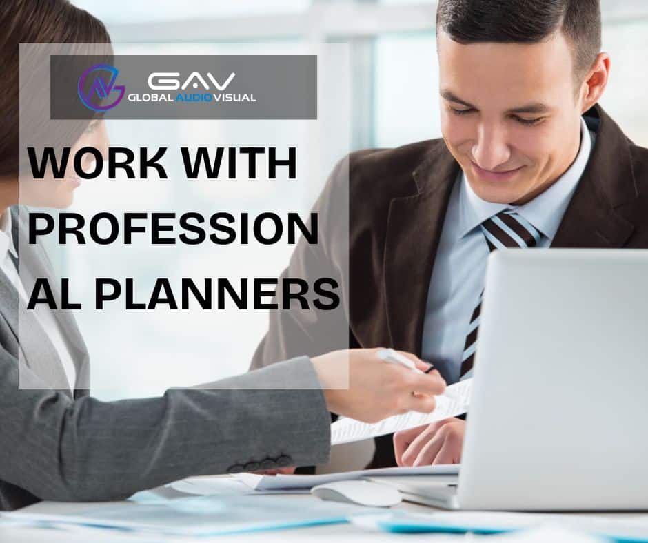 Event planner organizing a corporate event on a tight timeline using digital tools and AV equipment
