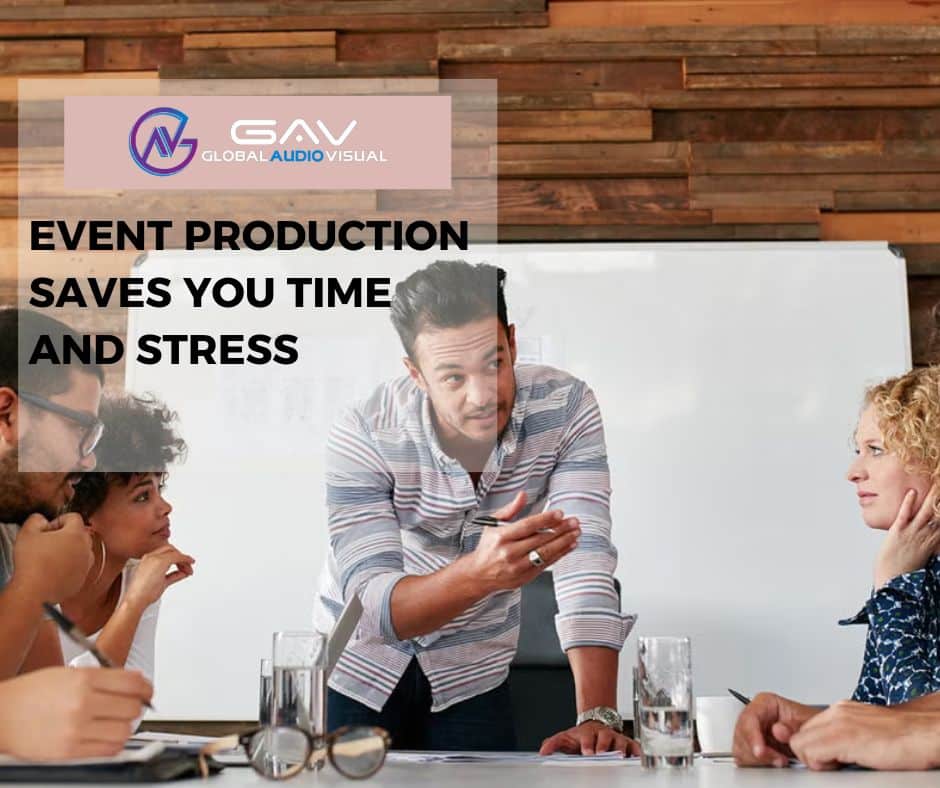 Professional event production team managing event logistics, audio-visual equipment, and planning to ensure a successful, stress-free event.