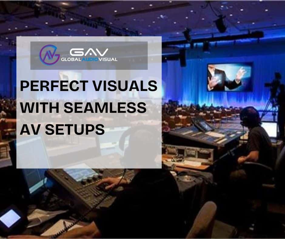 Corporate event with high-tech AV setup, including LED screens, wireless microphones, digital signage, and professional audio systems, showcasing how to leverage AV technology for immersive audience experiences.