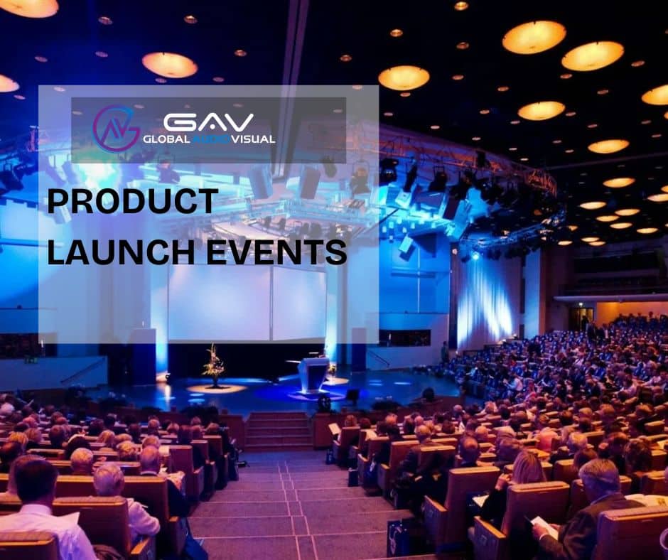 Corporate event with high-tech AV setup, including LED screens, wireless microphones, digital signage, and professional audio systems, showcasing how to leverage AV technology for immersive audience experiences.