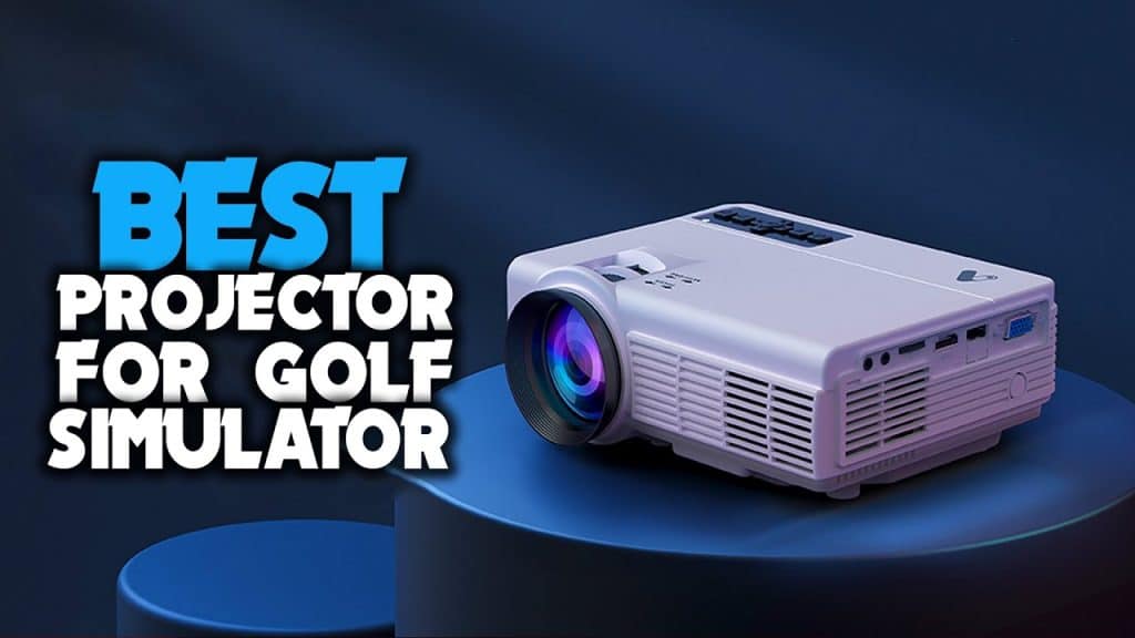 High-quality short throw projector displaying a realistic golf simulator on a large impact screen.