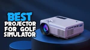 High-quality short throw projector displaying a realistic golf simulator on a large impact screen.