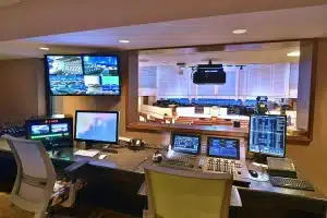 A dynamic live events with cutting-edge AV technology, featuring vibrant video walls, immersive lighting, and high-quality sound systems