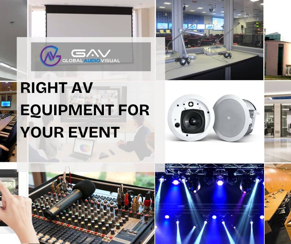 Right AV Equipment for Your Event including audio visual equipment, stage lighting, wireless microphones, projector rental, and LED dance floor rental setup by an expert audio visual equipment supplier.