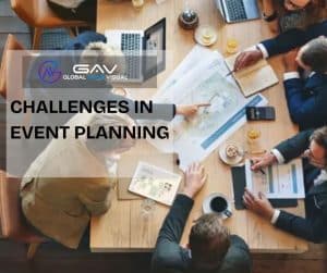 Event planner managing unexpected challenges with team members and AV equipment to ensure a successful event