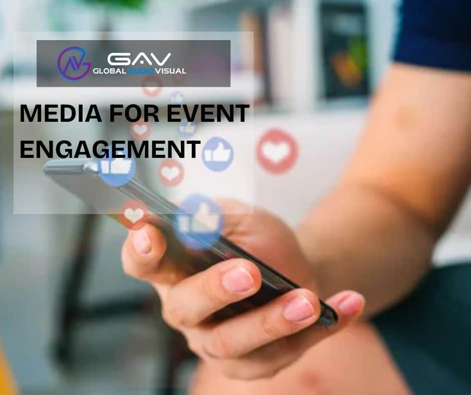 Event attendees engaging with interactive media for event engagement and sharing content on social media platforms during a live event.