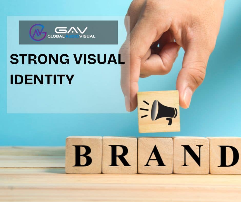 Elements of a strong visual identity including logo, colors, and typography.